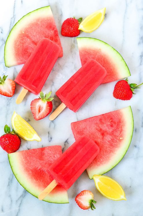 strawberry watermelon and lemon popsicles