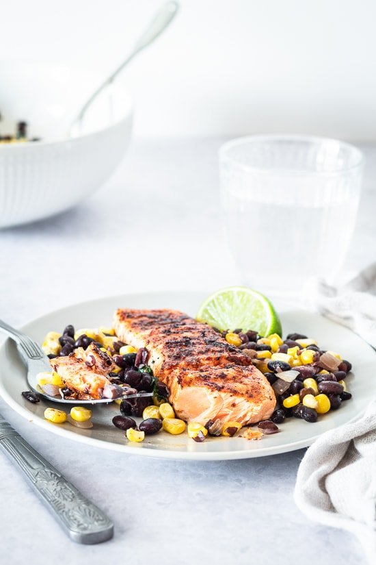 Smoky Spice Rubbed Grilled Salmon with Black Bean Corn Salsa