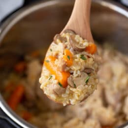 instant pot chicken and brown rice with carrots, rice and chicken on a spoon over the instant pot