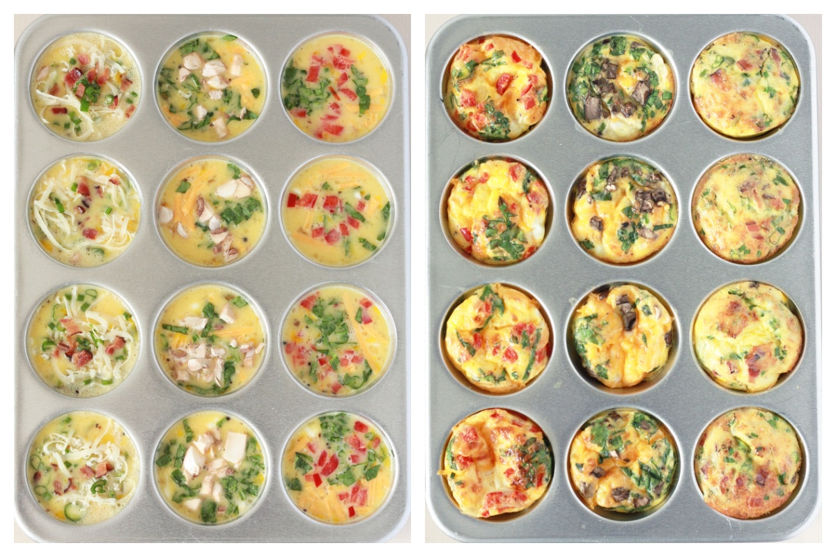 breakfast egg cups uncooked in a muffin tin and then cooked in a muffin tin