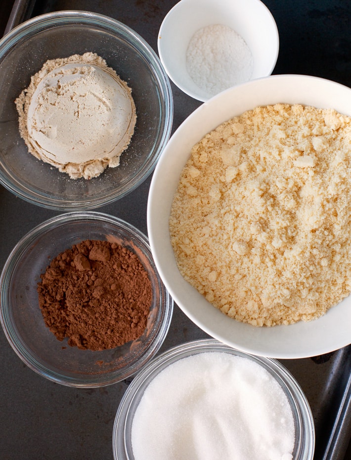 Protein Powder Brownies ingredients in bowls