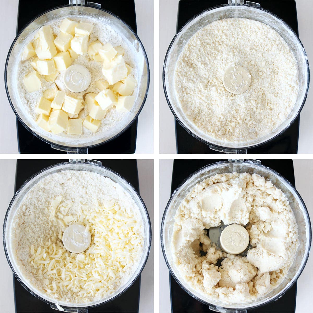 overhead process shots of how to make pie crust in a food processor