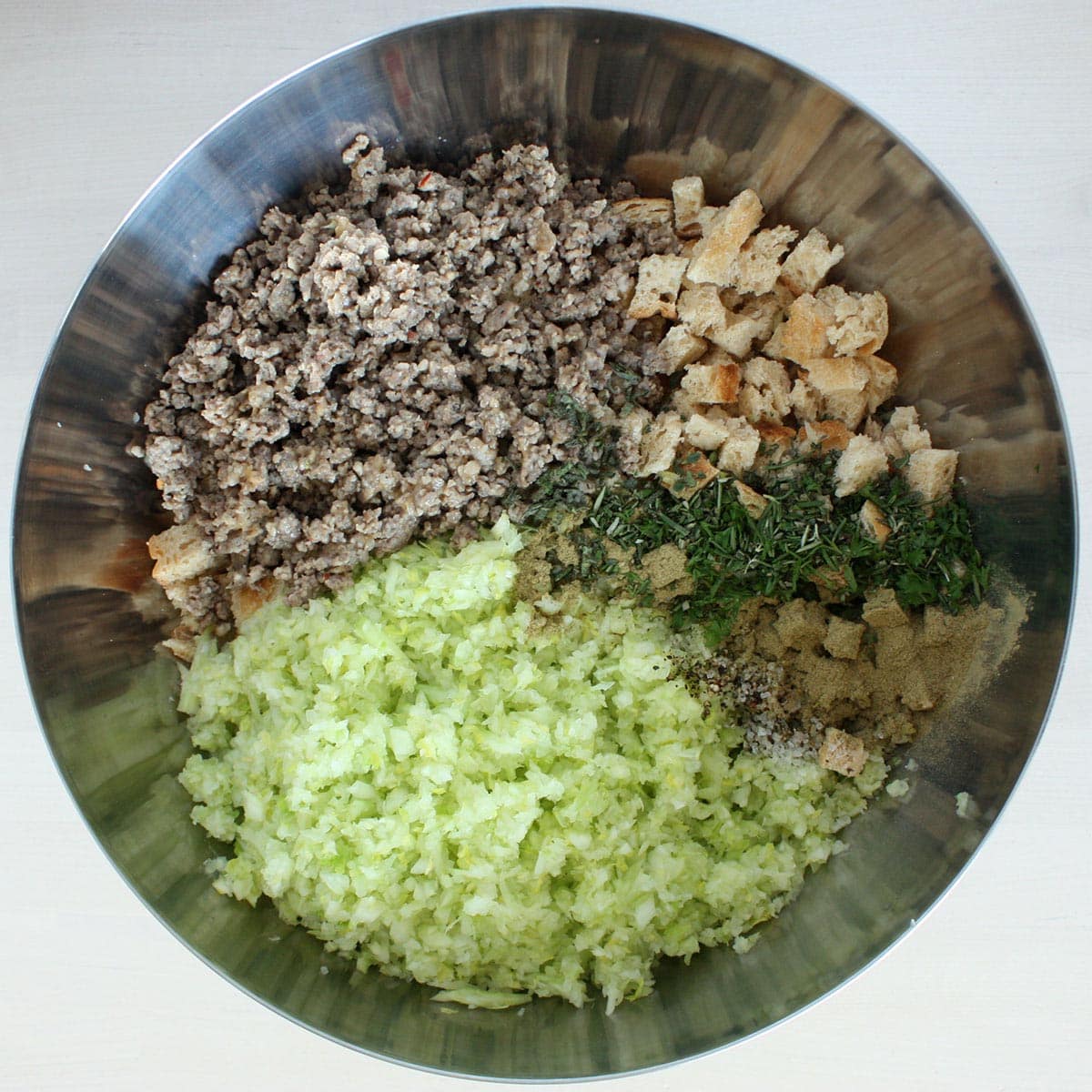 stuffing ingredients in a large metal bowl