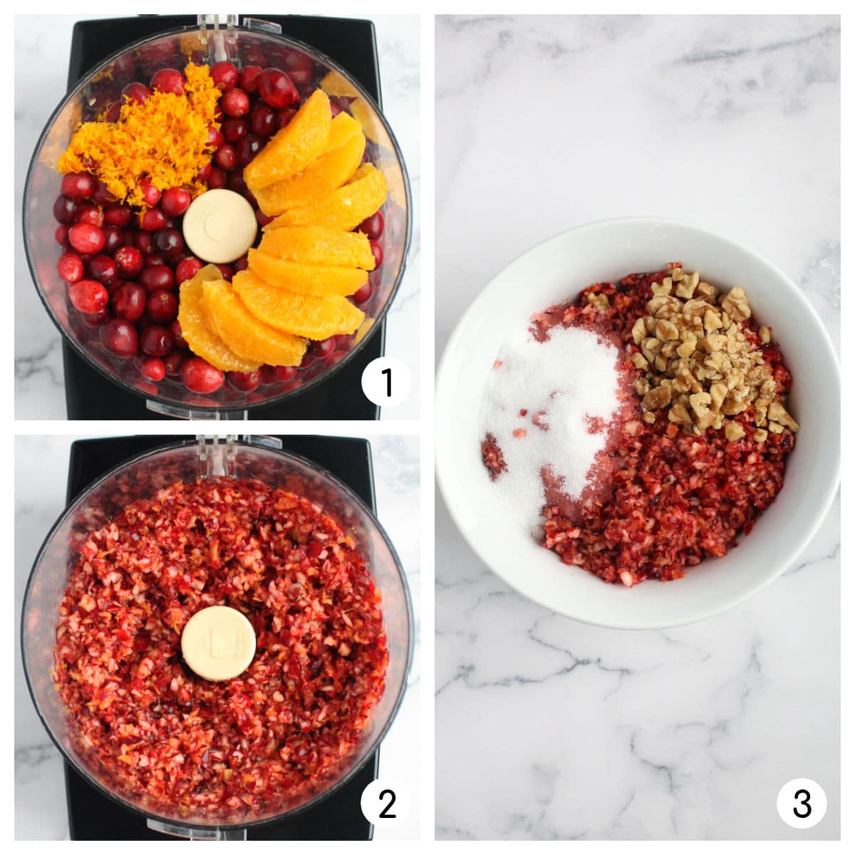 process photos of how to make cranberry relish in the food processor