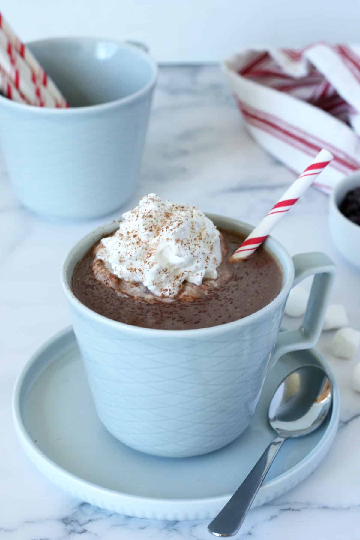 a blue mug of homemade hot chocolate topped with whipped cream and cocoa powder