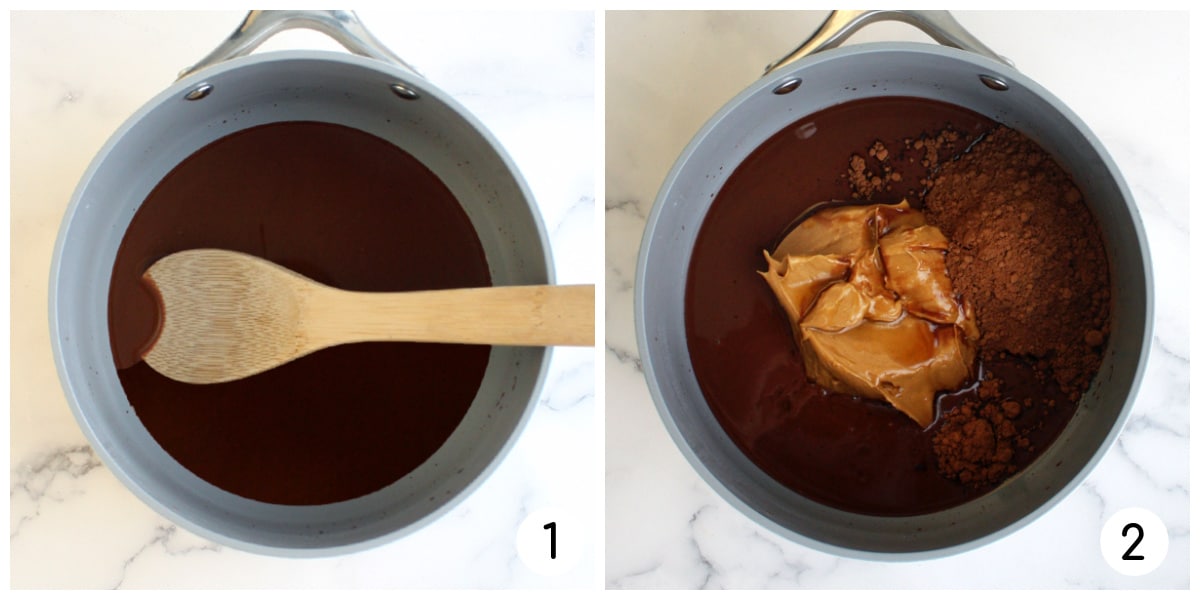 process shots of how to make chocolate peanut butter fudge