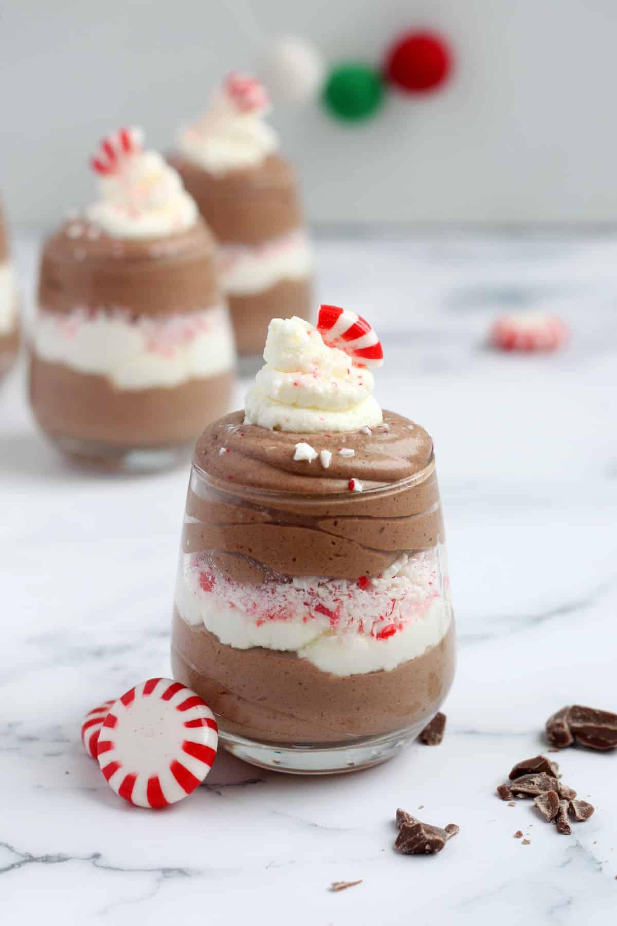 chocolate peppermint mousse layered with whipped cream and peppermint candy