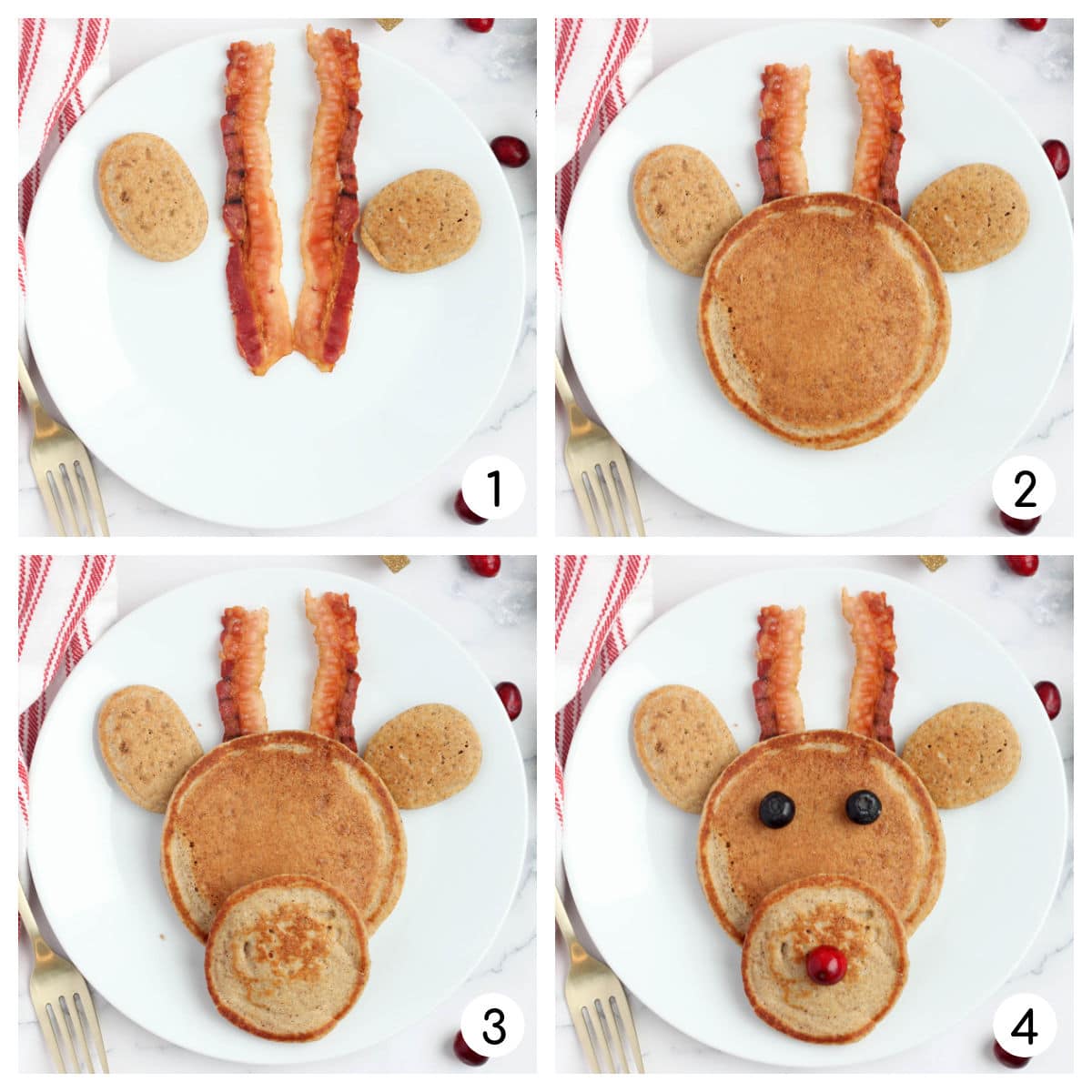 process shots for how to make reindeer pancakes