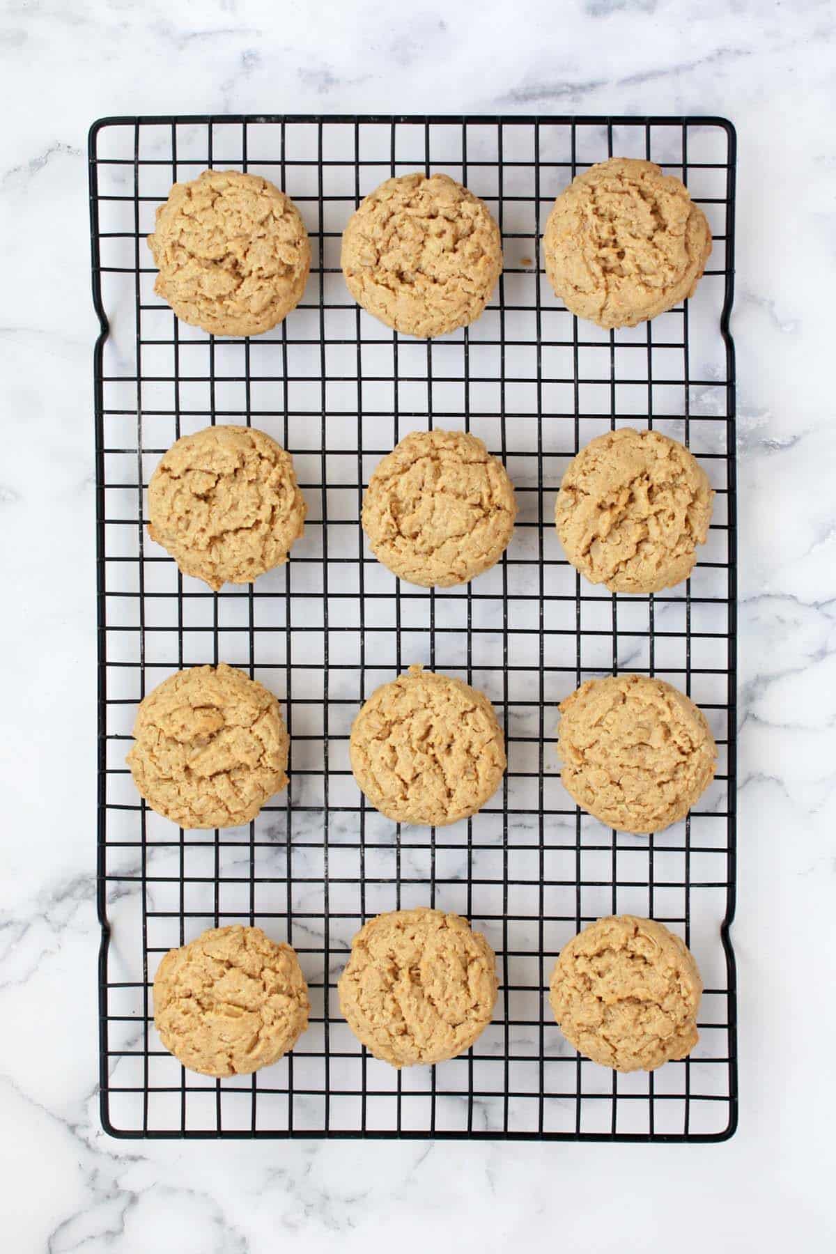 peanut butter oatmeal cookies on a cooling rack