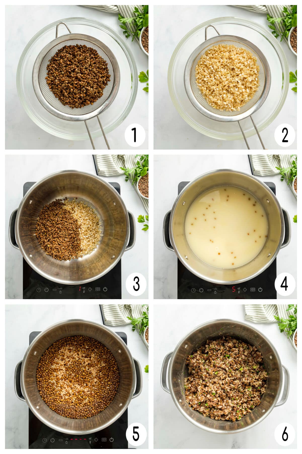 step by step for making brown lentils and rice