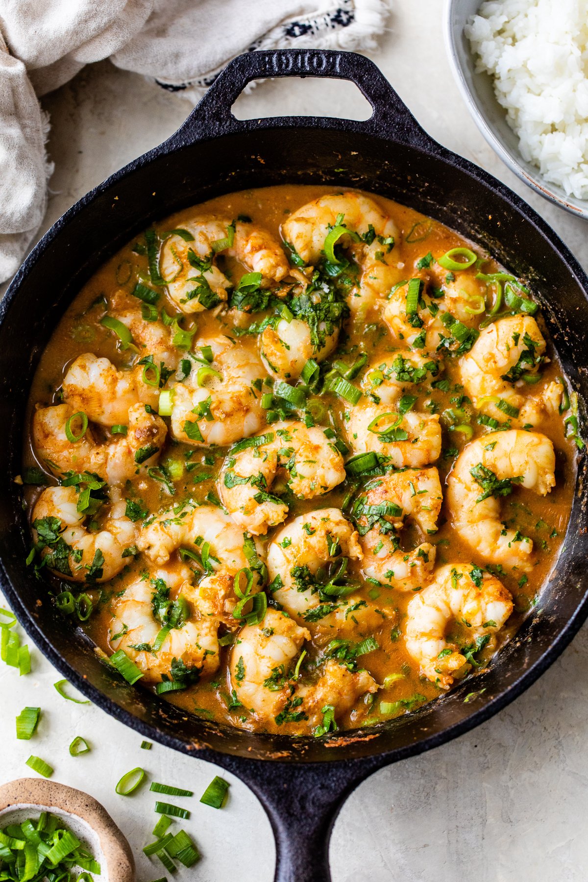 Red Thai Coconut Curry Shrimp in a skillet