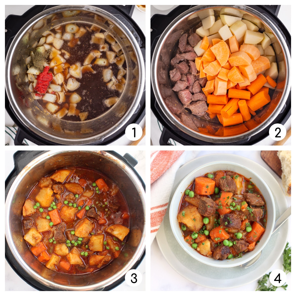 process shots for making beef stew in the instant pot: deglazing the pot, adding vegetables and finished product and adding green peas