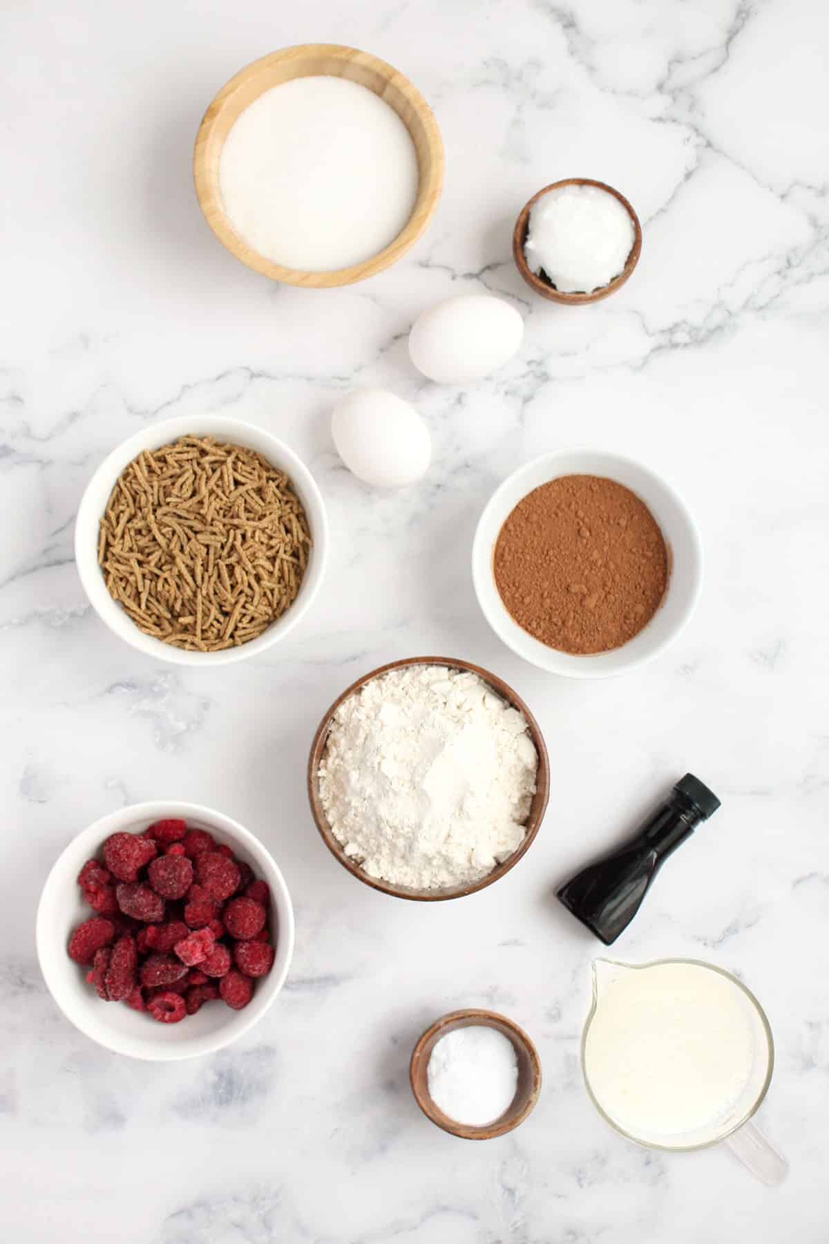 ingredients for chocolate raspberry bran muffins