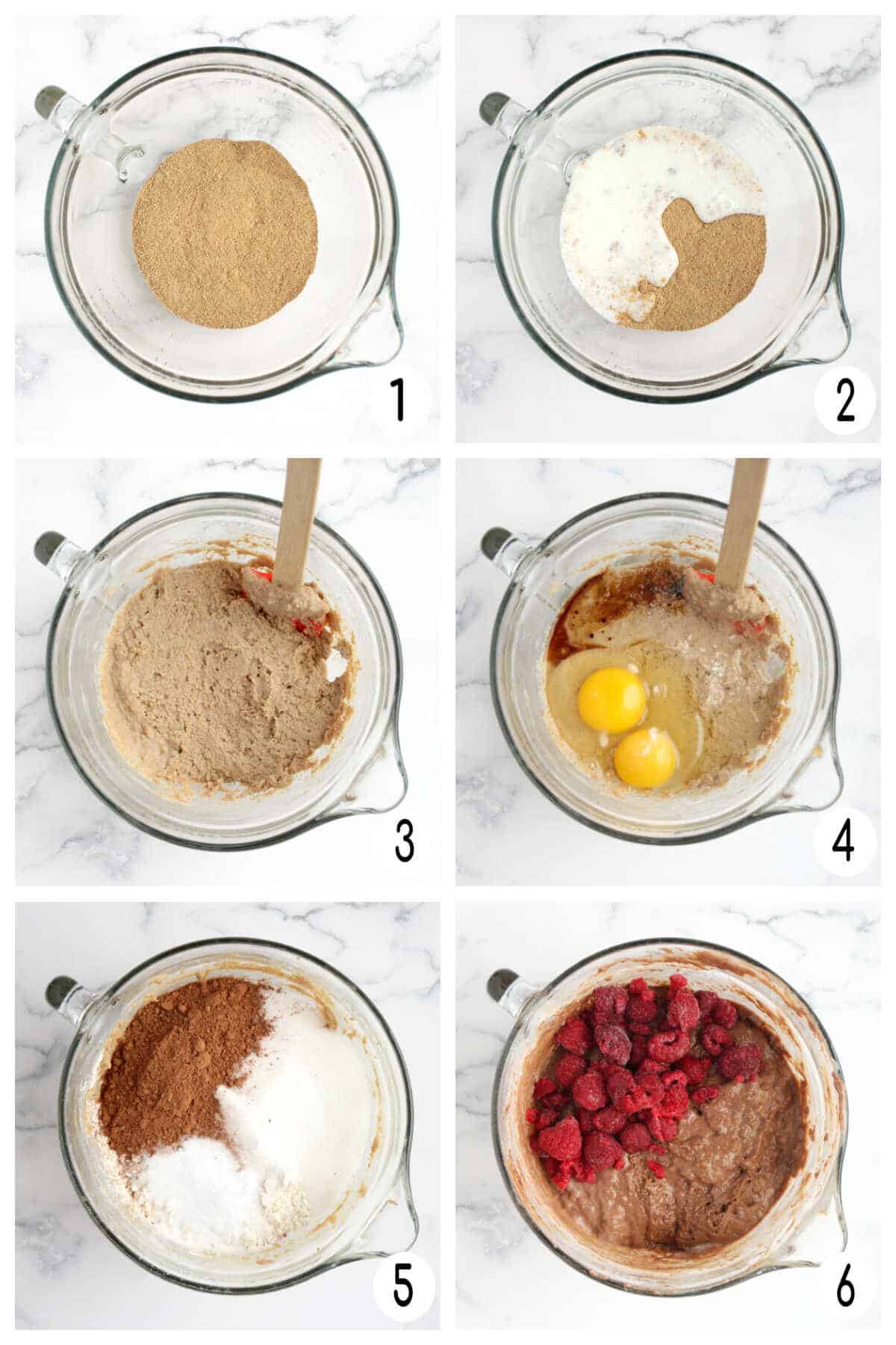 process shots for how to make chocolate raspberry bran muffins