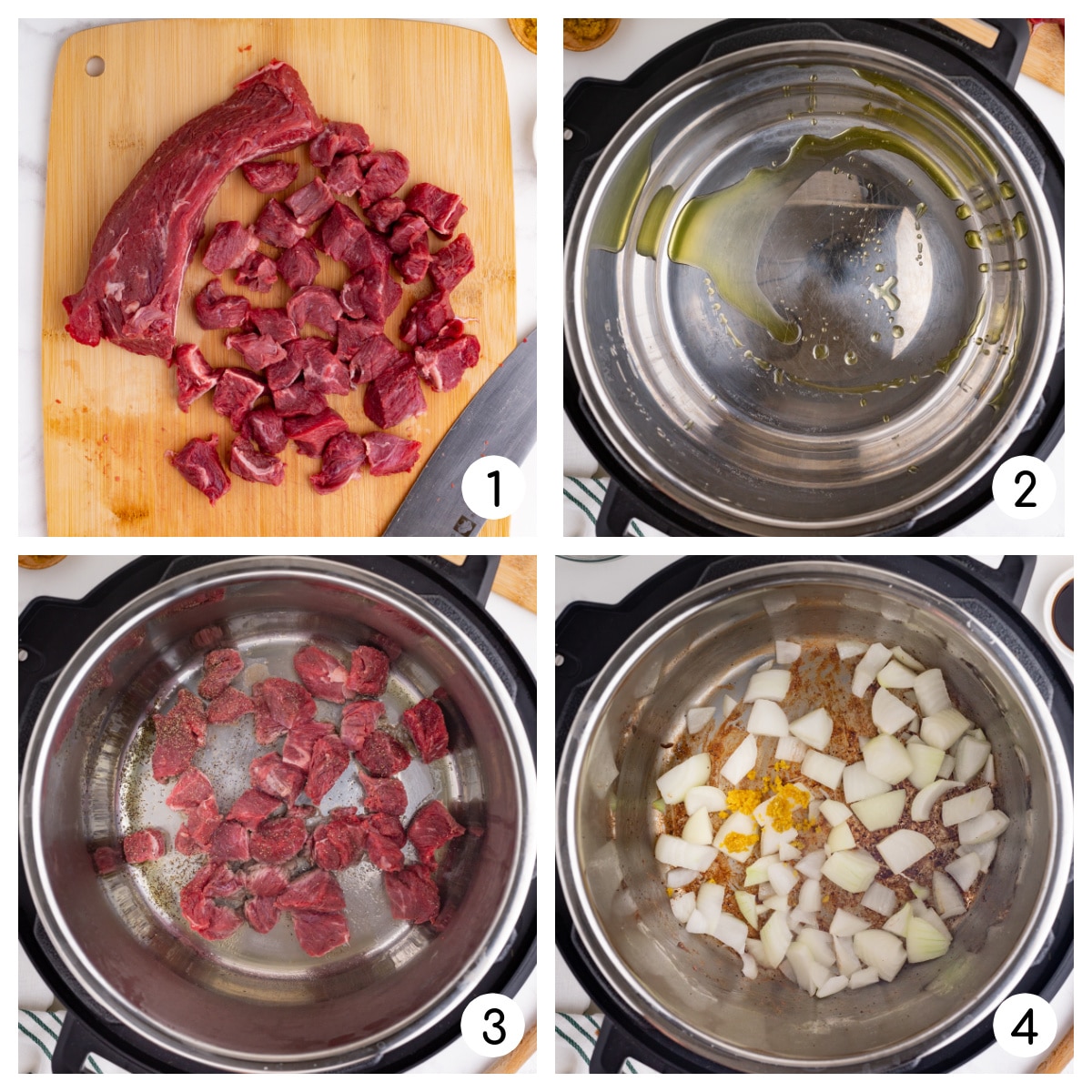 process steps for making beef stew in the instant pot browning the stew meat and cooking onions and garlic