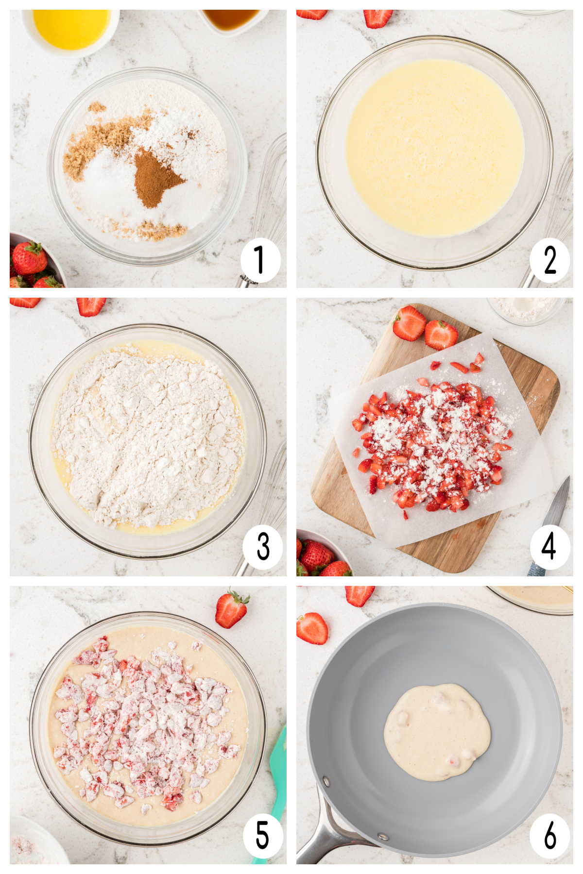 process shots on how to make strawberry pancakes