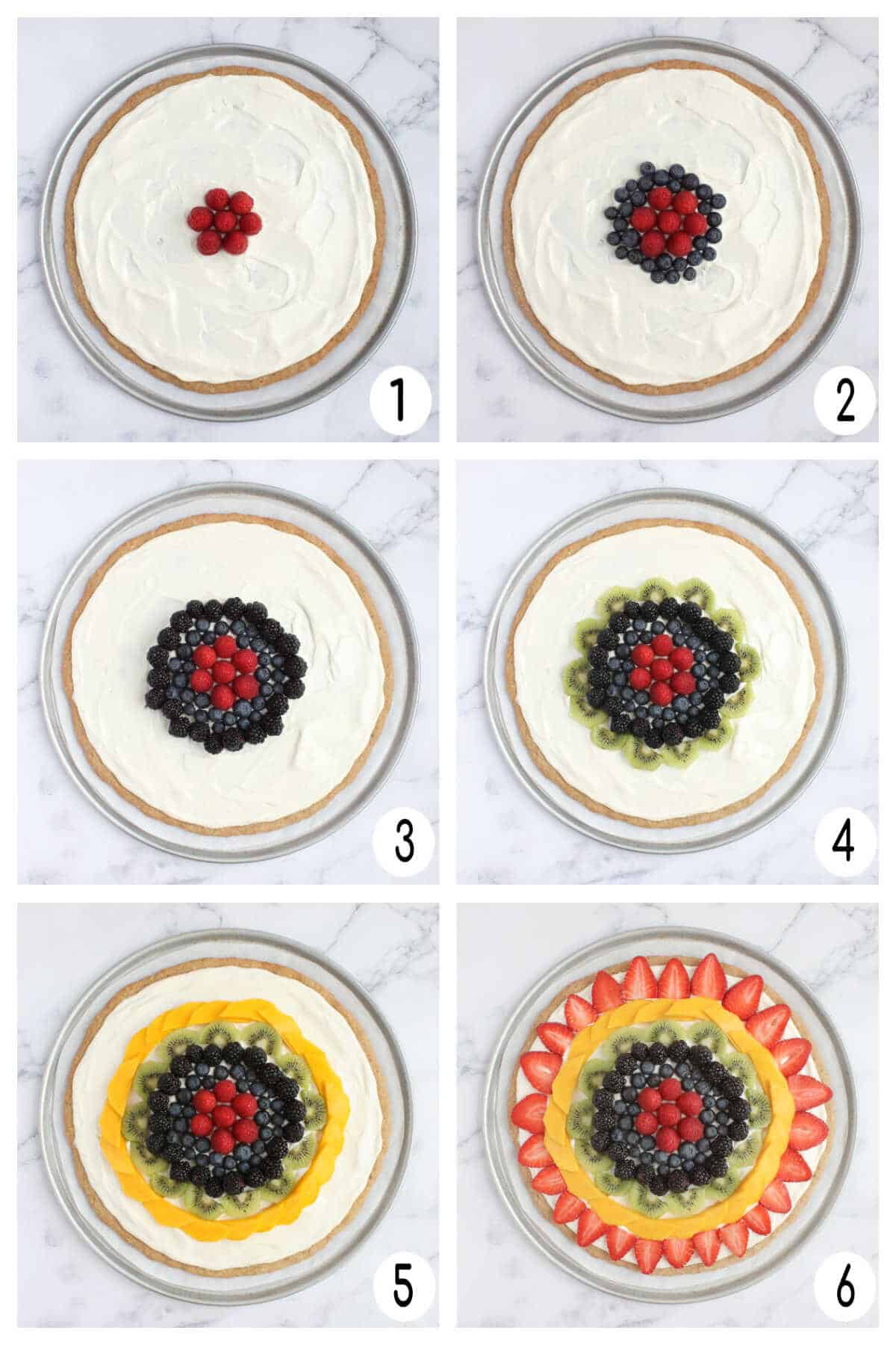 overhead process shots of how to make a fruit pizza