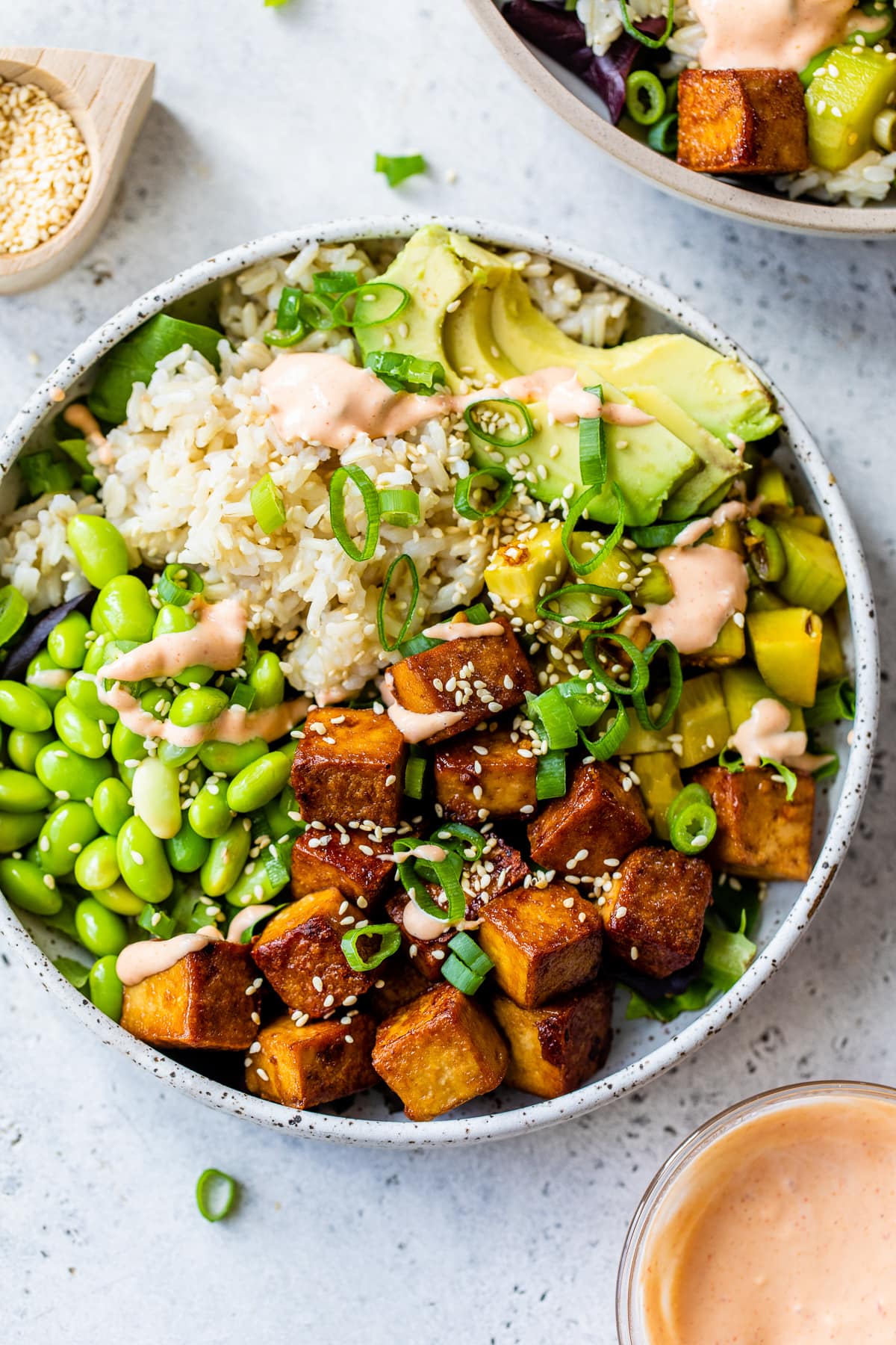 Tofu Bowls with rice, avocado and edamame