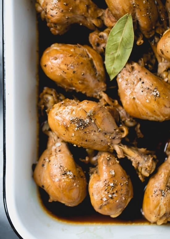Filipino Adobo Chicken – Chicken braised in vinegar and soy sauce with lots of garlic. This easy, savory chicken dish has become a staple in my home. As this simmers, your kitchen will be filled with an intoxicating sweet and sour aroma that will leave you anxious to eat.
