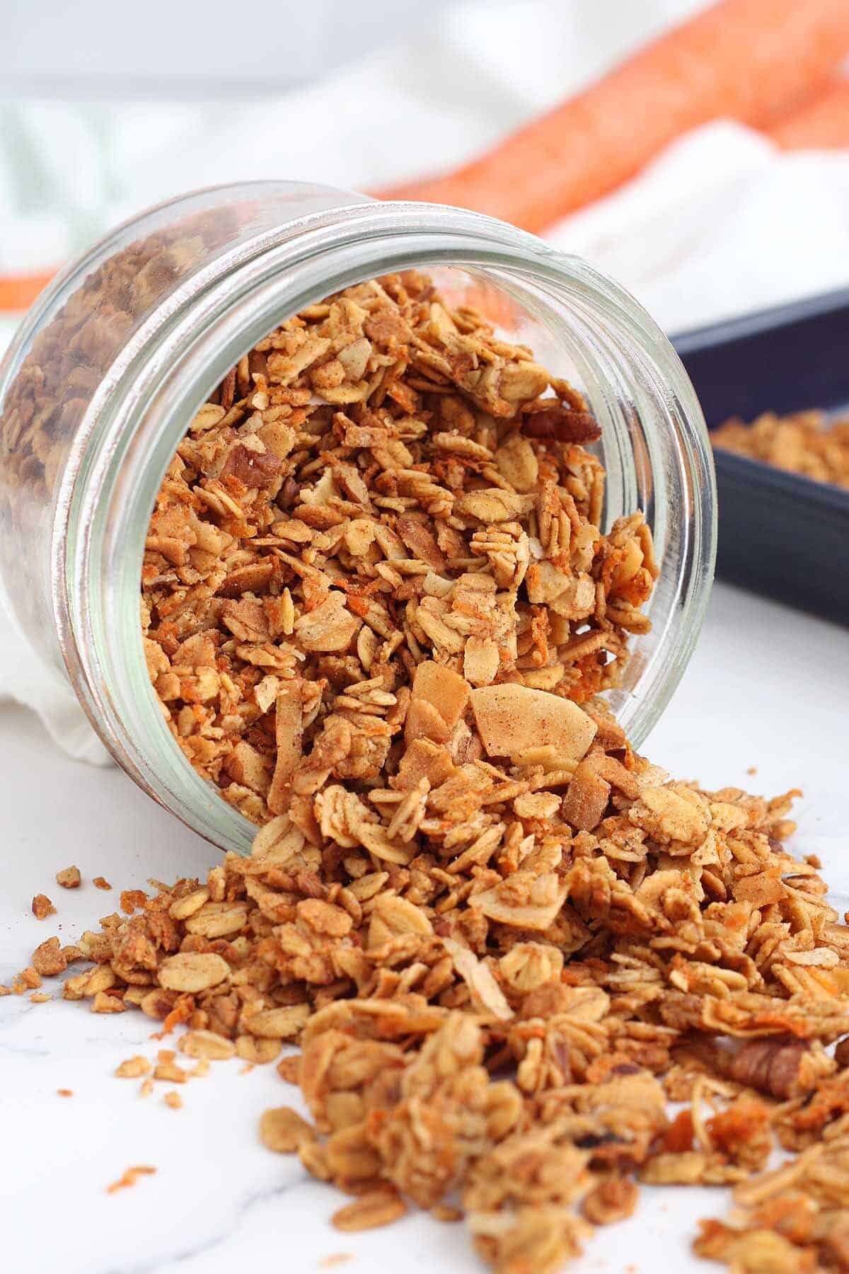 carrot cake granola spilling out onto the counter