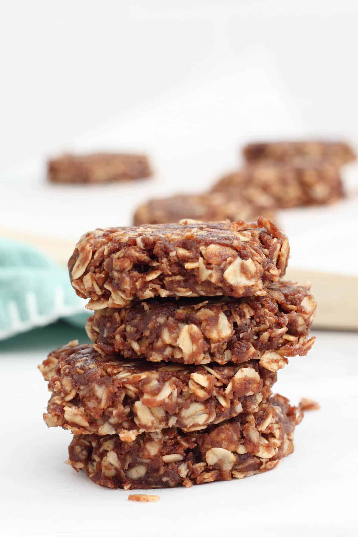 a stack of healthy no bake chocolate oatmeal cookies
