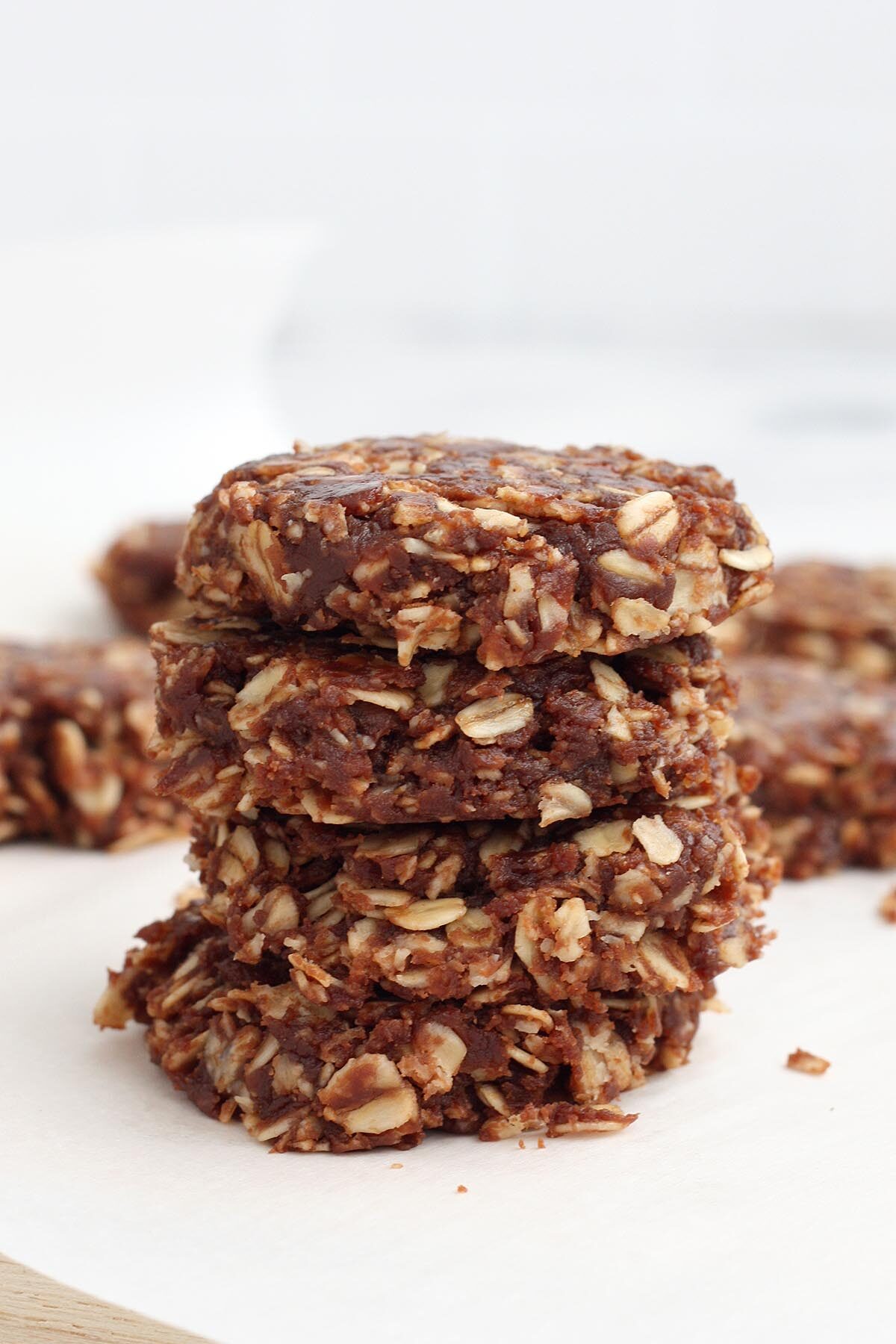 a stack of chocolate, peanut butter and oatmeal no bake cookies