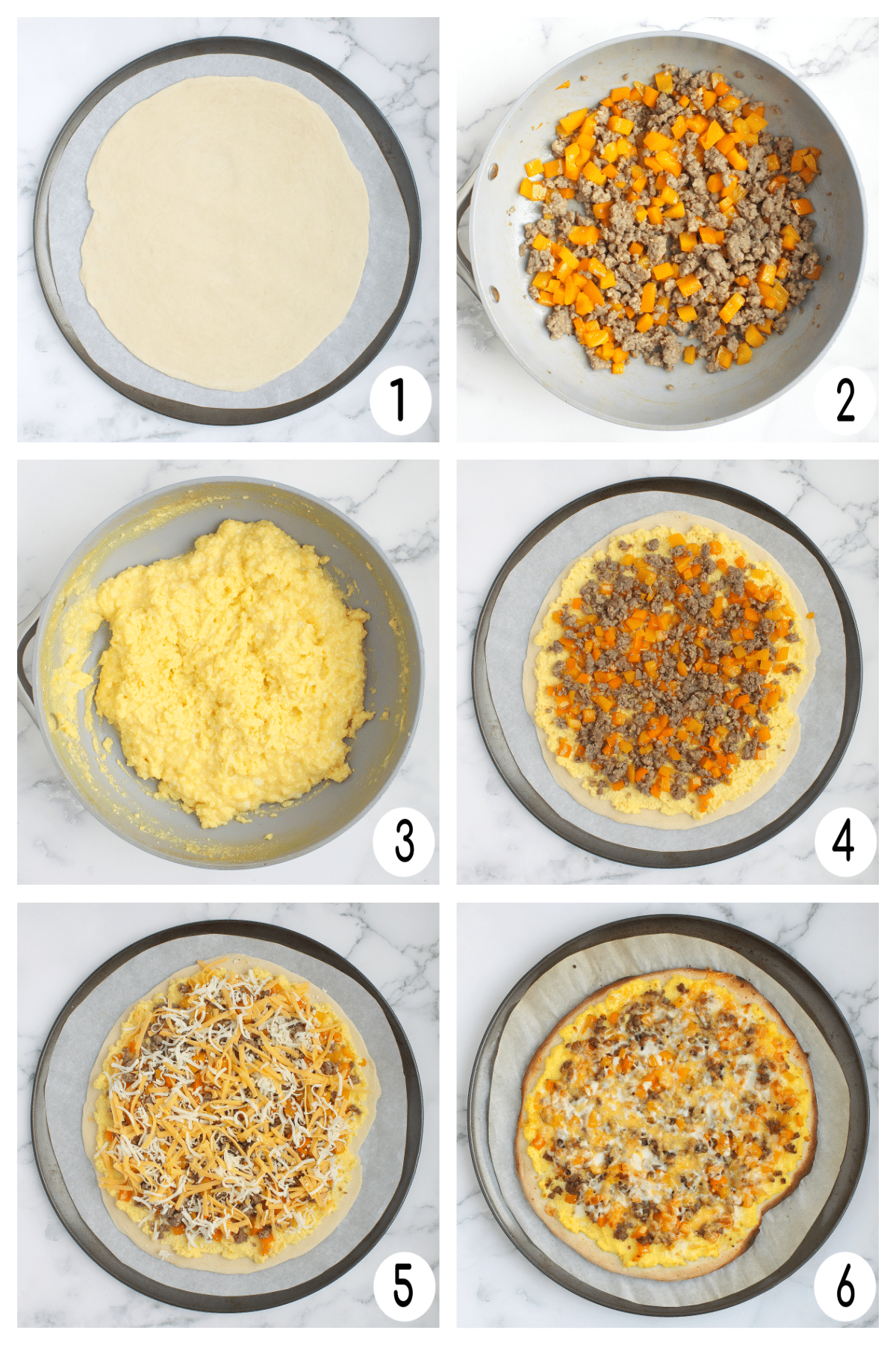 Process shots for how to make this breakfast pizza recipe.