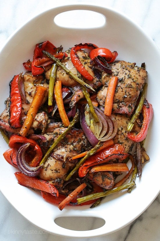 Balsamic Chicken with Roasted Vegetables seasoned with sage, rosemary and balsamic vinegar, then baked in the oven. A delicious healthy meal-in-one!