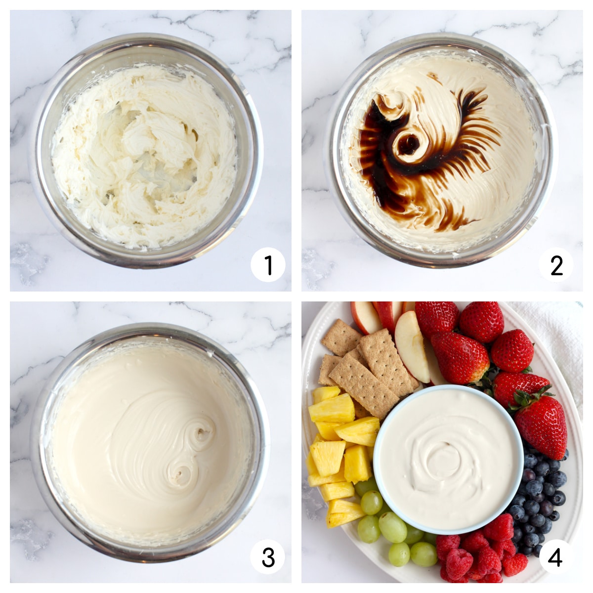 Process photos showing how to make cream cheese fruit dip.