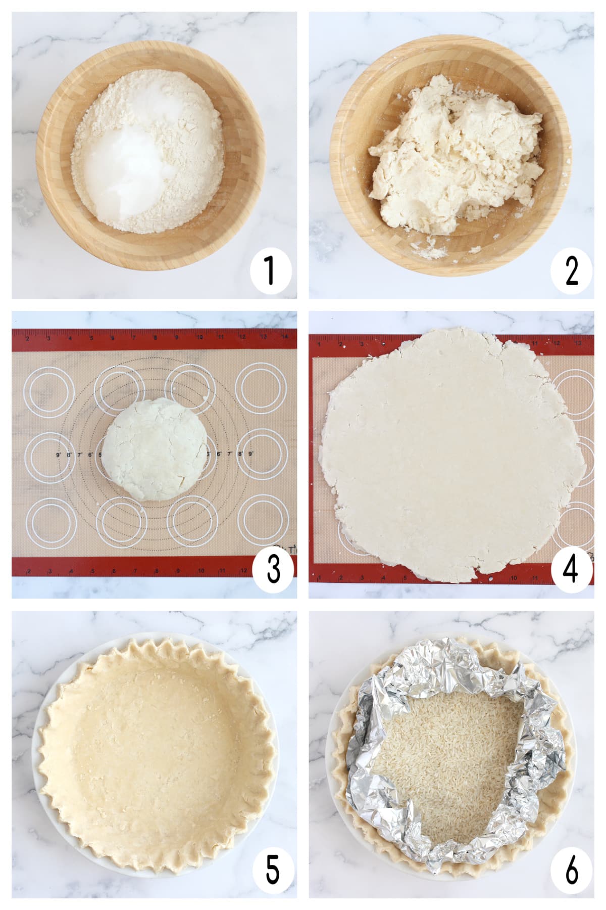Process shots for how to make homemade pie crust.