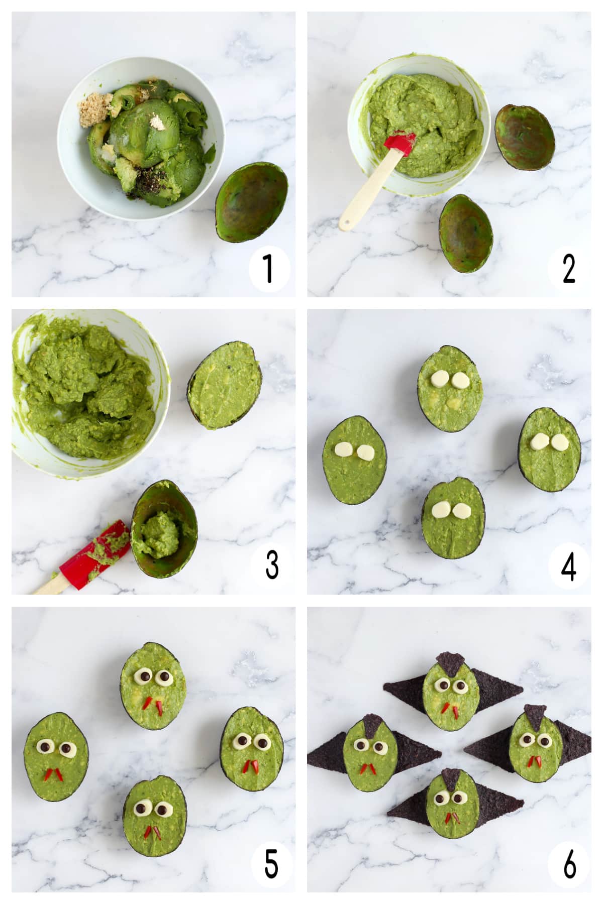 How to make halloween guacamole in avocado shells.