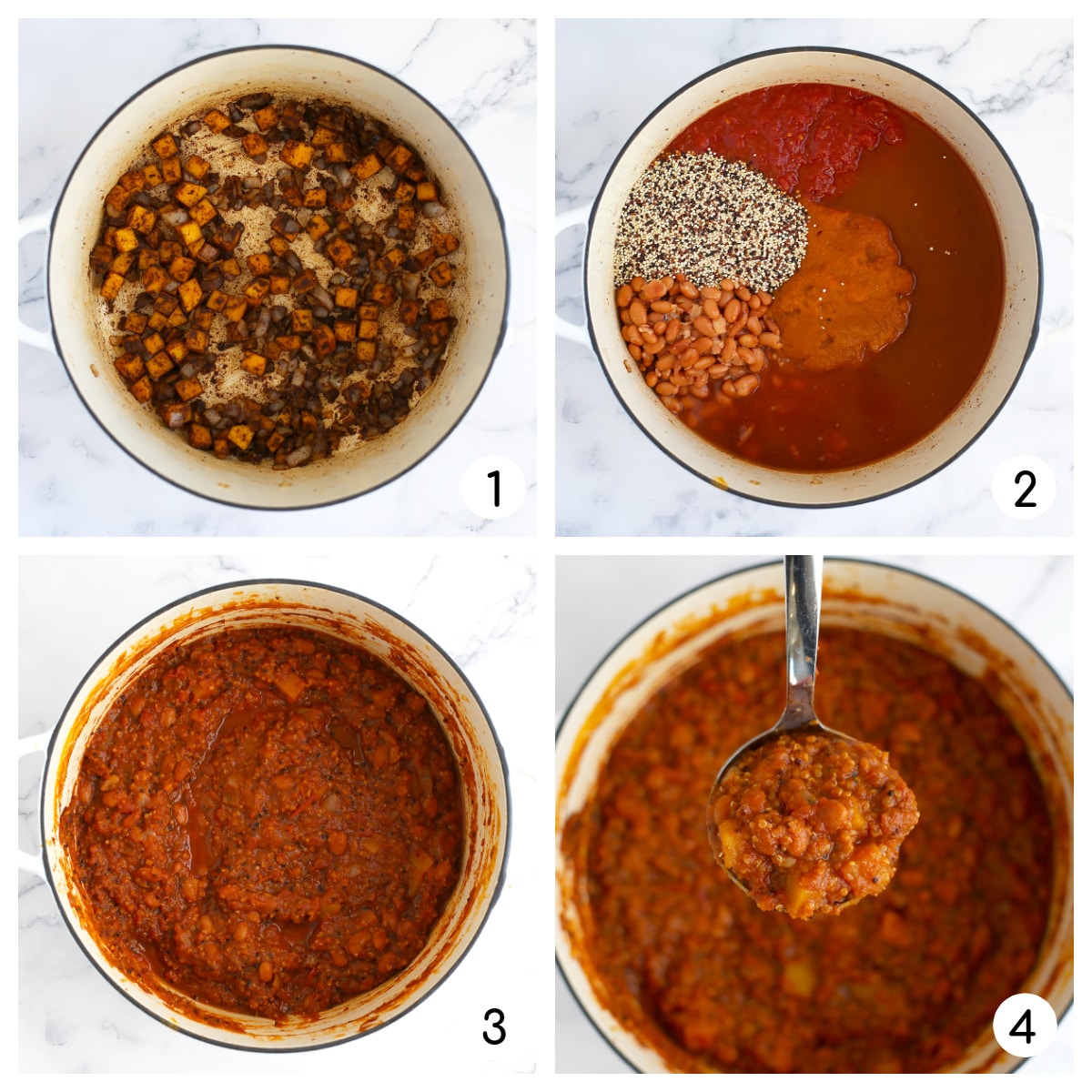 A collage of photos showing how to make pumpkin chili with quinoa.