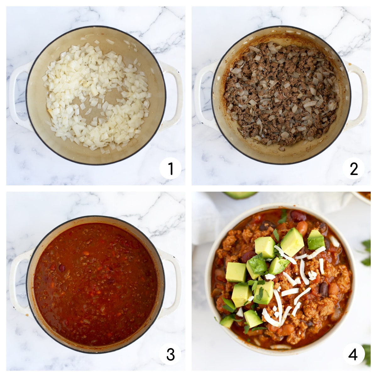 Process shots showing how to make turkey chili.