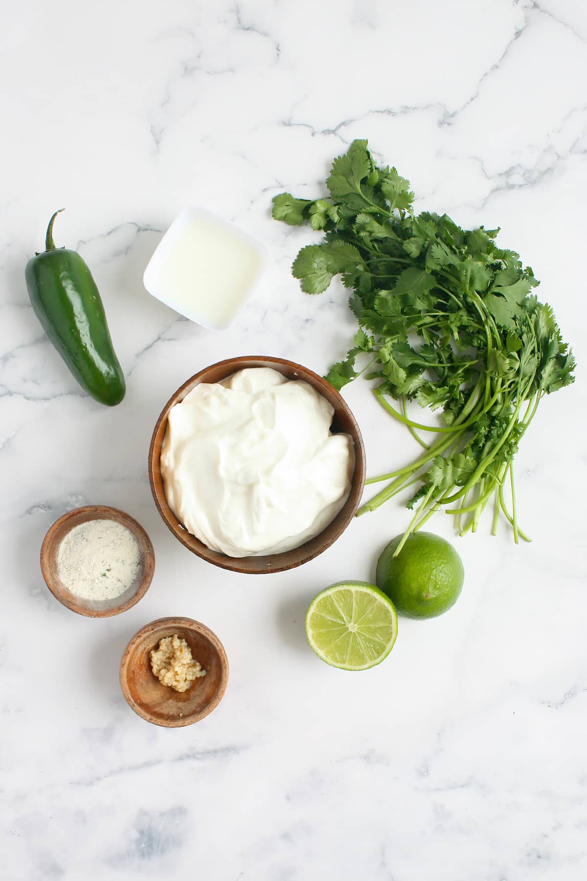 Ingredients needed to make cilantro lime ranch dressing.
