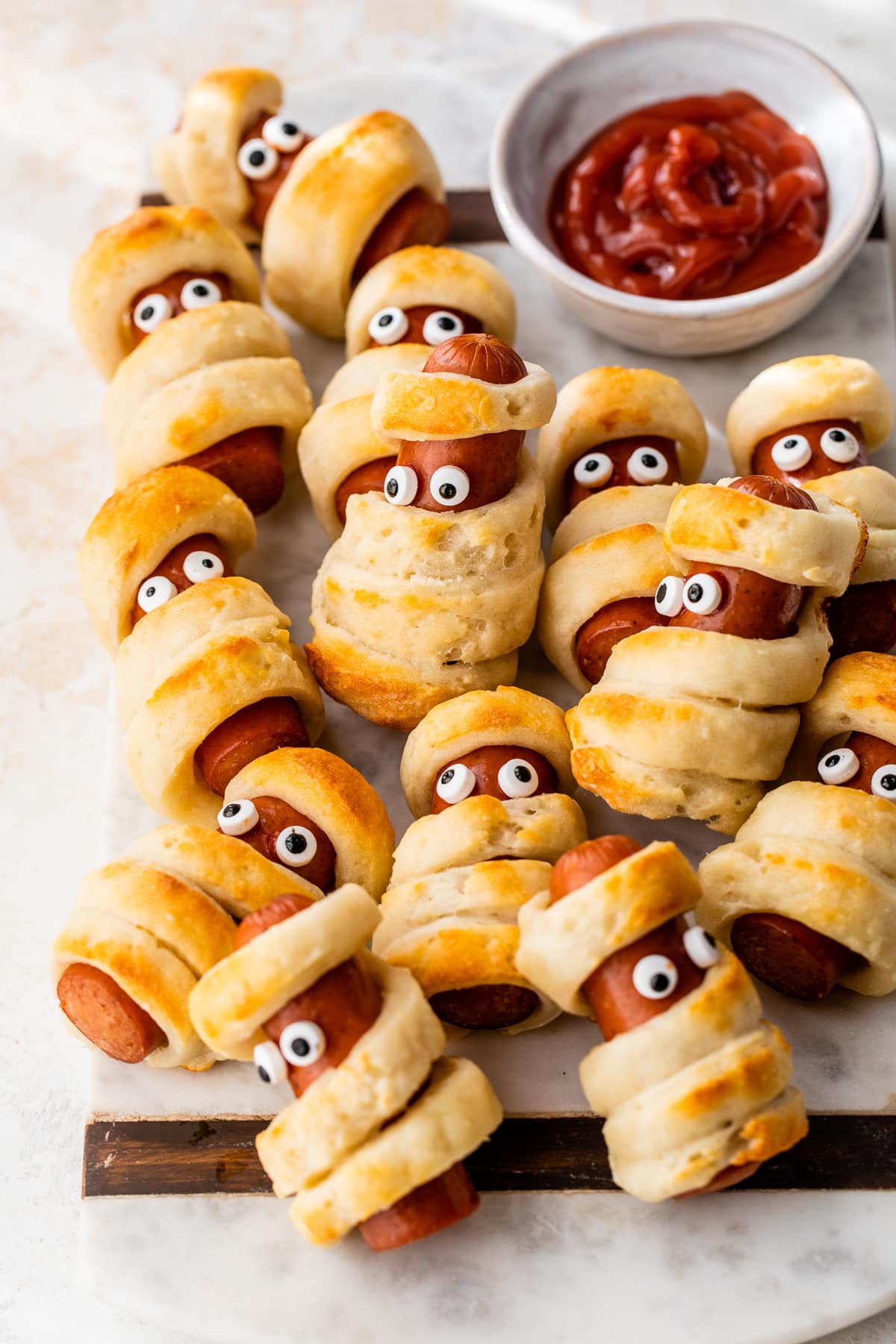 Mummy Hot Dogs with ketchup