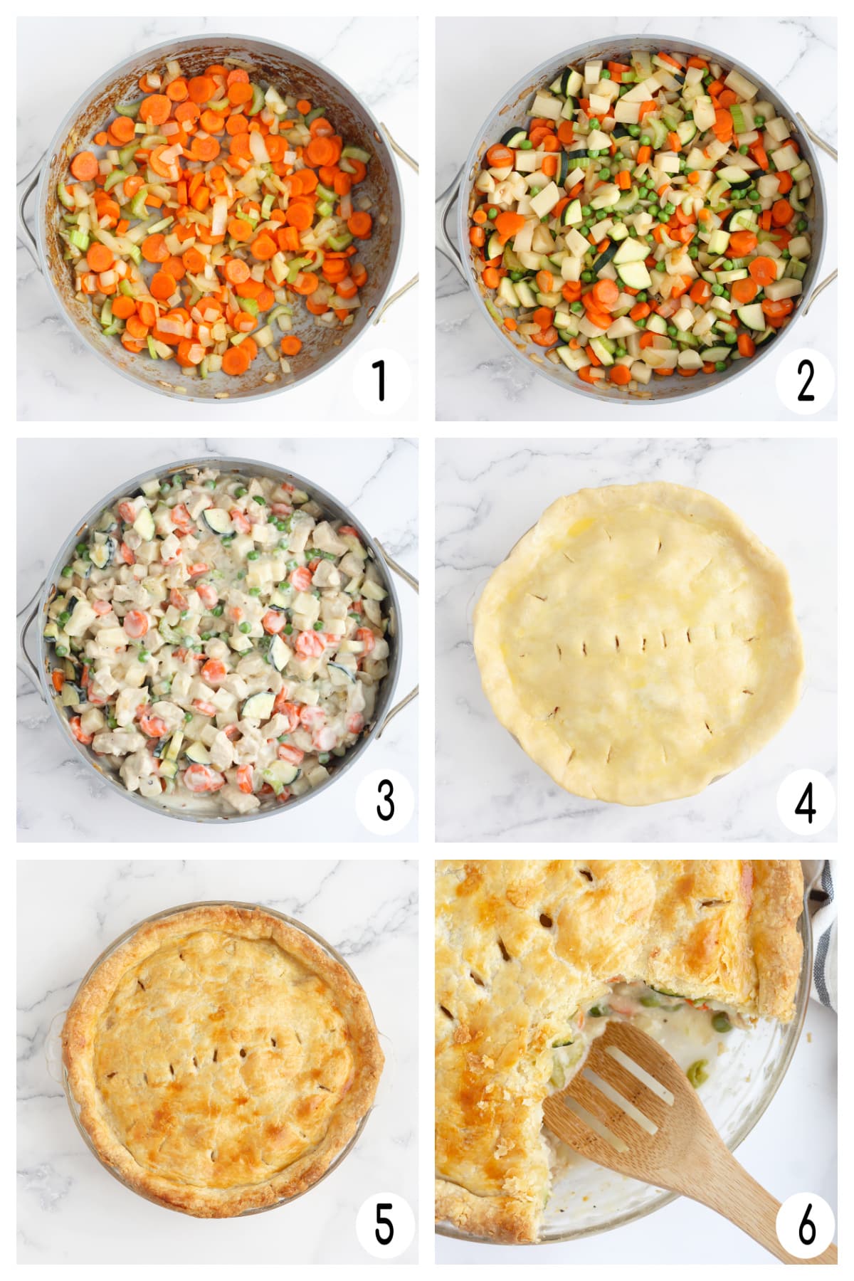 Images showing how to make homemade chicken pot pie.