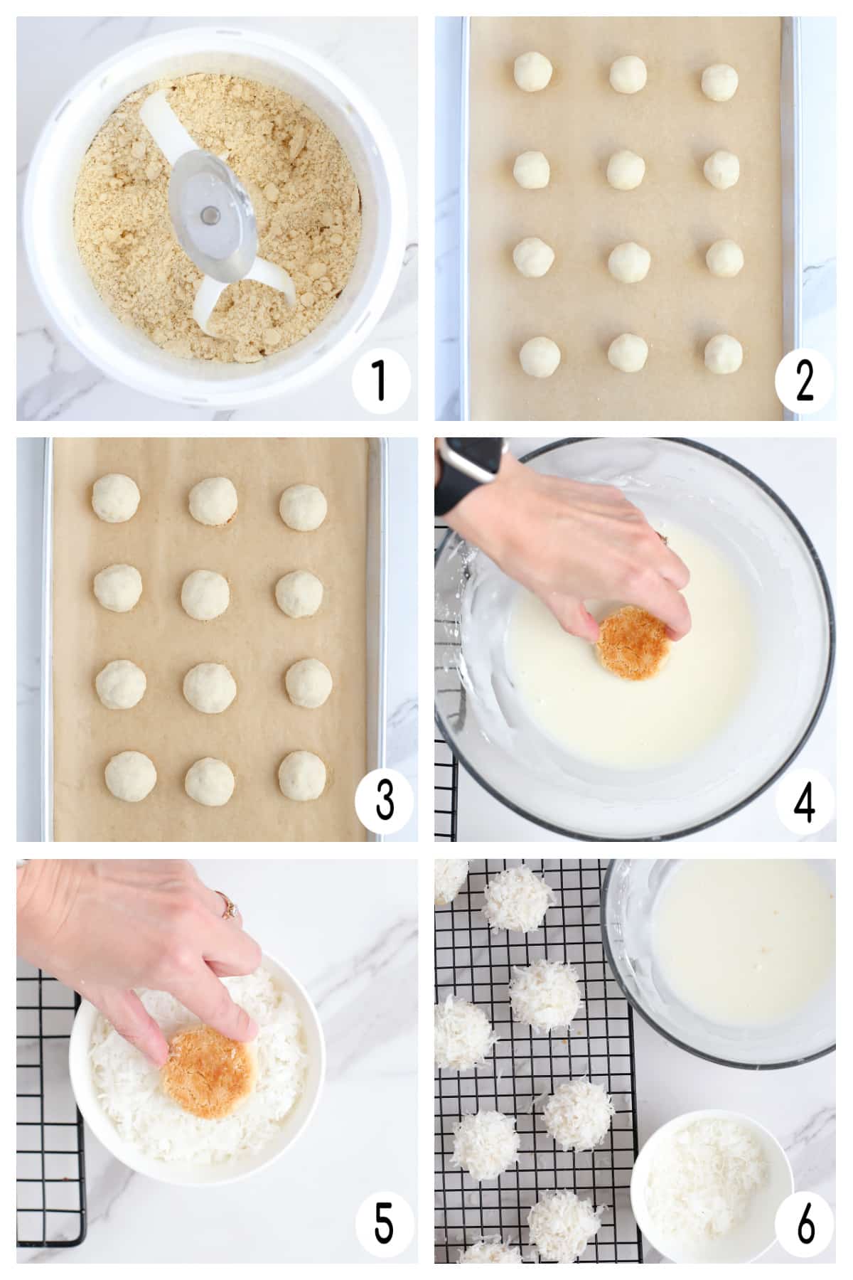 Process shots showing how to make homemade coconut snowball cookies.