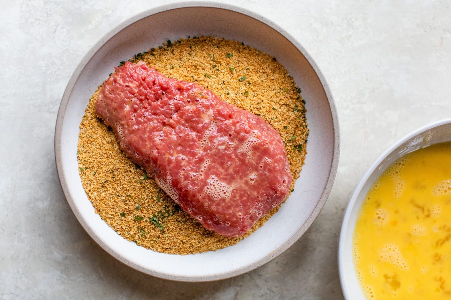 cubed steak in egg and breadcrumbs